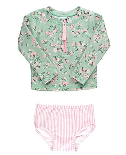 RuffleButts Girls Zipper Long Sleeve - Rash Guard 2-Piece Swimsuit UPF 50+