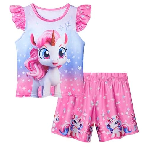 LQSZ Girls Pajamas Unicorn Princess Party Short Sleeves PJ Set for Little Girls Size 9 10