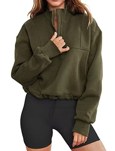 LEEDYA Womens Casual Quarter Zip Stand Collar Sweatshirt Long Sleeve Fall Winter Pullover Tops with Pockets 2026 Army Green S