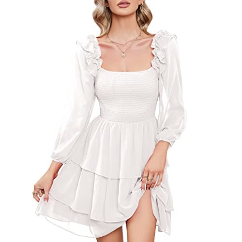 Byinns Womens Smocked Ruffle Mini Dress Square Neck Long Sleeve Party Dress