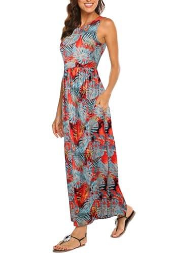 Hount Plus Size Dresses for Curvy Women Vacation Beach Sleeveless Hawaiian Dresses with Pockets Multicolor Leaves XXL