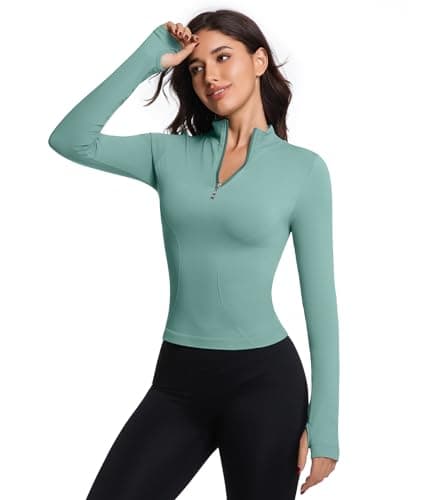 YOAKUKA Women's Long Sleeve Workout Tops Quarter Zip Pullover Workout Shirt Quick Dry Athletic Tops with Thumb Holes Light Blue