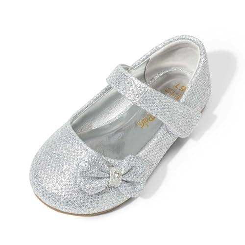 DREAM PAIRS Toddler Girls Dress Shoes Mary Jane Flats, Girls School Uniform Flats Bow Ballerina Shoes,Size 5 Toddler,Silver/Glitter,Angel-5