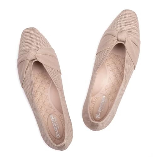 Frank Mully Women's Flats, Square Toe Foldable Flat Shoes with Bow & Arch Support, Soft Knit Slip-On Comfort for Travel, Work, Commuting Ecru, 8