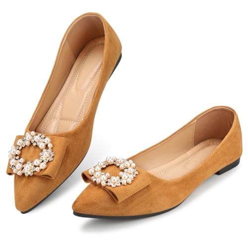 KUNWFNIX Women's Pointed Toe Pearl Flats, Faux Suede Comfort Dress Flats for Wedding Guest, Non-Slip Soft Sole Office Flats for Work, Party, Date