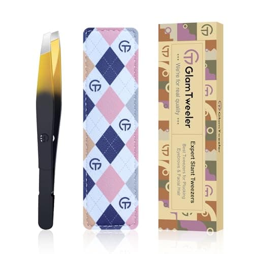 G-01 Exclusive Slant Tip Tweezers, GlamTweeler High Precison Expert Eyebrow and Facial Hair Removal Tweezer with Leather Storage & Carrying Case (Black & Gold)