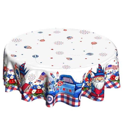 VentuCoven 4th of July Gnome Round Table Cloths 60 inch Patriotic Tablecloth Blue Truck Circular Table Cloth for Farmhouse Kitchen Dining Farmhouse Red Blue White Floral Firework Balloon Buffalo Plaid