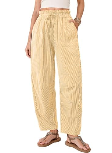 Dokotoo Women's Striped Barrel Casual Pants Elastic Waist Casual 2026 Spring Cotton Blend Trousers Lightweight Boho Vacation Outfits Beach Pants for Women Beach Vacation Clothing,Yellow Stripe Medium