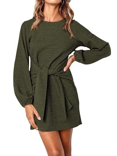 PRETTYGARDEN Womens Spring Elegant Long Lantern Sleeve Short Dress Wedding Guest Crewneck Tie Waist Knit Cocktail Dresses (Green,Small)