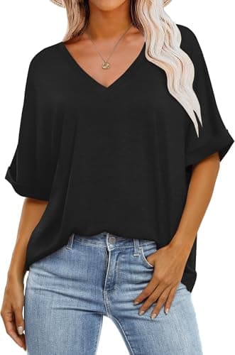 GKBK Womens Oversized T Shirts V Neck Loose Fit Shirts Short Sleeve Summer Casual Tops 2025 Trendy Blouses Y2K Plain Tees Black S