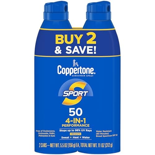 Coppertone Sport Sunscreen Spray SPF 50, Water Resistant Broad Spectrum UVA/UVB Spray Sunscreen, 5.5 Oz, Pack of 2, Continuous Sprayer