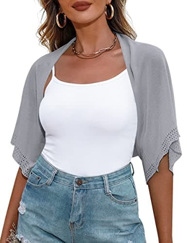 Totatuit Summer Women's Short Sleeve Crochet Bolero Shrug Open Front Knitted Cropped Sheer Cardigan Light Gray