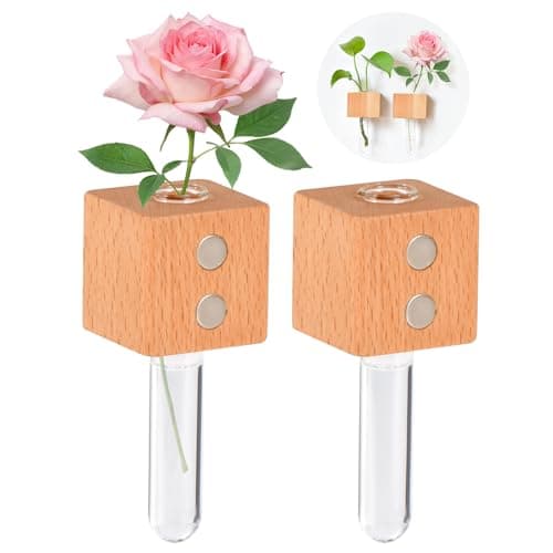 Mini Magnetic Wooden Wall Planter Vases with Glass Tube(Beech Wood)