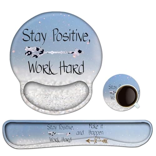 Lauspuck Keyboard Wrist Rest, Ergonomic Mouse Pad Wrist Support, Memory Foam Wrist Rest, Anti-Slip Base, Mousepad with Coaster for Computer Keyboard Office Home, Stay Positive Blue