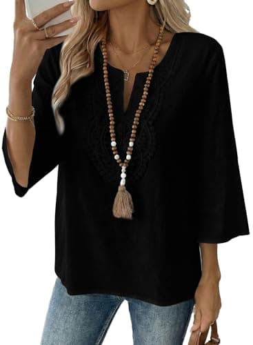 EVALESS Boho Blouses for Women Dressy Casual 3/4 Length Sleeve Embroidered Lace V Neck Shirts Loose Fit Shirts Spring Fashion Vacation Clothes Black XL