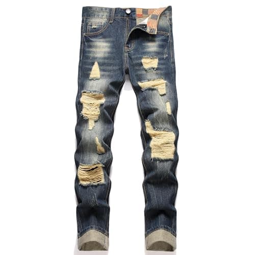 RXXKKK Men's Regular Fit Ripped Jean (32, 750 Vintage Blue)