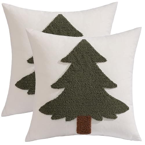 Tosleo Christmas Tree Tufted Throw Pillow Covers 18 x 18 inch Set of 2 Dark Green Xmas Pillow Cover Christmas Party Decor Winter Holiday Embroidery Cushion Case for Sofa Couch Bed Living Room