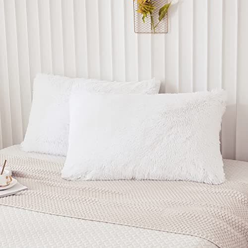 Memfydu Faux Fur Fluffy Pillowcases, White Plush Shaggy Velvet King Size Pillow Cover Set of 2, Zipper Closure (20"x36", White)