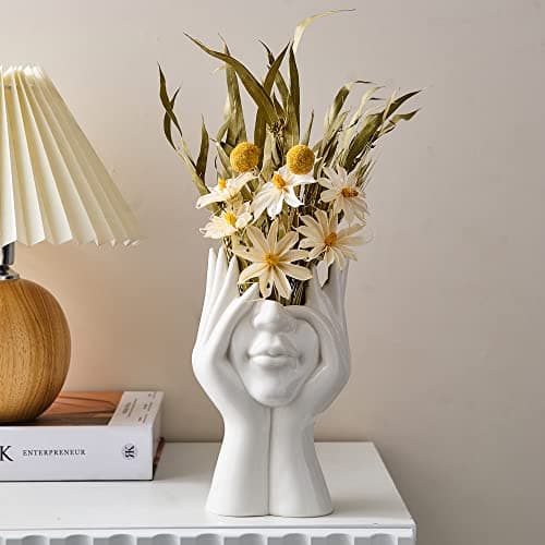 FJS Ceramic Face Vase, White Flower Vase for Table Decor