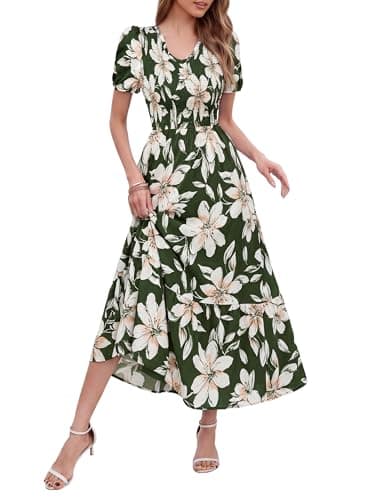 Simplee Womens Boho Floral Maxi Dress Summer Casual Puff Sleeve V Neck Smocked Wedding Guest Beach Dresses with Pockets Green White