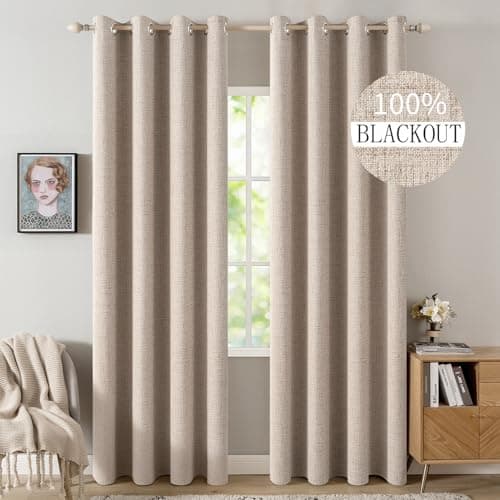 MIULEE 100% Blackout Linen Curtains for Bedroom 52x84 Inches Natural Beige