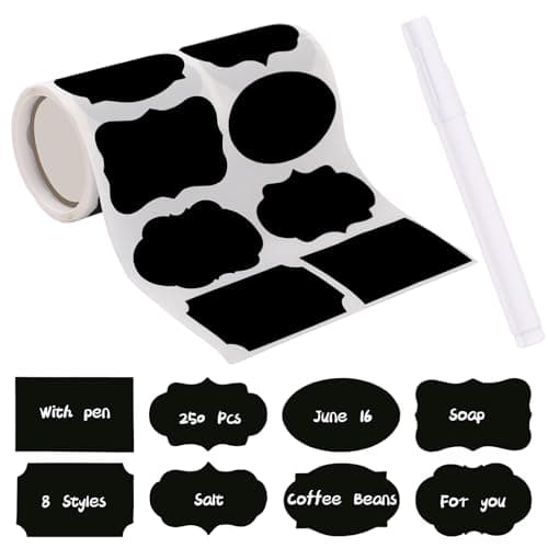 Suppeak 250 PCS Chalkboard Labels, 8 Styles Waterproof Blackboard Stickers Roll with Pen Erasable Reusable Waterproof Self-Adhesive for Mason Jars Food Storage Home Office Kitchen Organizing Craft
