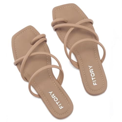 FITORY Women's Slide Sandals Flat Toe Ring Thongs with Cross Strap for Summer Size 8.5 Camel