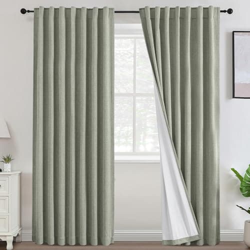 Turquoize Sage Green 100% Black Out Curtains 84 Inch Length Soft Chenille Linen Textured with White Flocking Coating Back Thermal Insulated Bedroom Nursery Curtains, 52" W x 84" L, Sage(Not Solid)