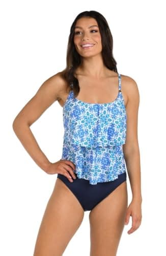 24th & Ocean Women's 2-Tiered Ruffle Tankini Swimsuit Top, Periwinkle//Beachside Tile, 6