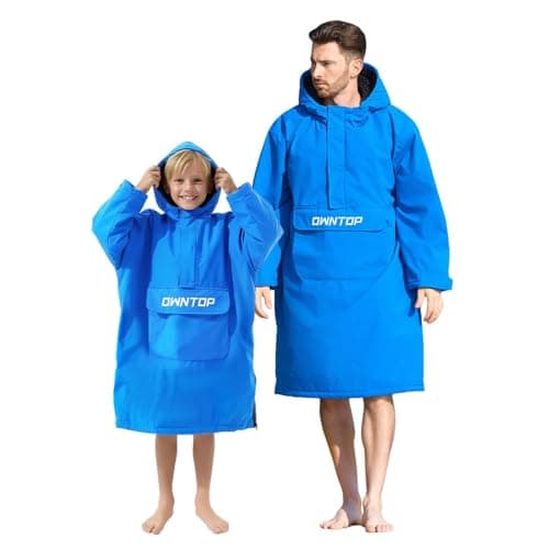 Owntop Surf Change Poncho, Waterproof Swim Parka Women, Front Pocket, Sherpa Fleece Lining, Quick Dry, Wetsuit Changing Robe with Hood for Beach Pool (Blue, S)