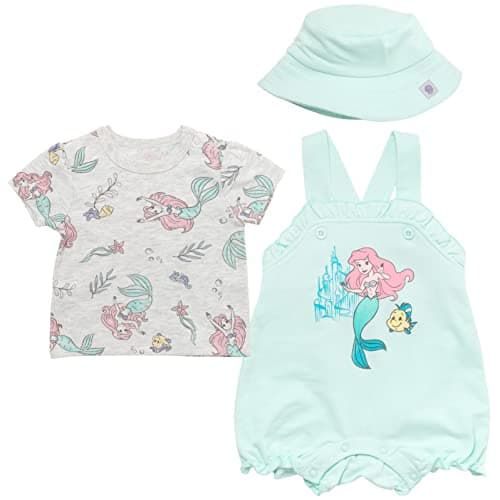 Disney Princess Little Mermaid Infant Baby Girls Short Overalls, T-Shirt & Bucket Hat 3 Piece Outfit Blue/White 24 Months