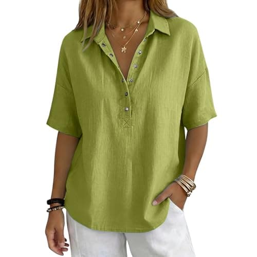 Cotton Linen Tops for Women Green XL - 2026 Summer Gauze Shirts Button Down V Neck Half Sleeve Blouses Business Office Work Dressy Casual Vacation Clothes