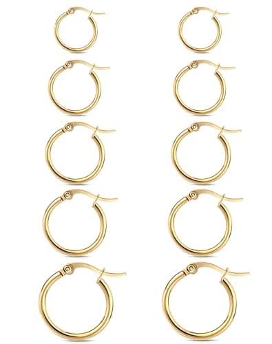 5 Pairs Hoop Earrings for Women 14K Gold Plated Huggie Stainless Steel Earrings Hypoallergenic Lightweight Stackable Cartilage Hoops for Sensitive Ears Multiple Piercing Jewelry (10/12/14/16/20mm)