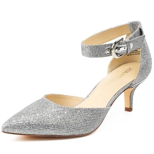 JENN ARDOR Women's Kitten Heel Pumps Ladies Closed Pointed Toe D'Orsay Ankle Strap Dress Stiletto Silver