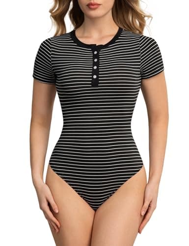 Athlemo Short Sleeve Bodysuit Tops Stripe V Neck Button Up Slim Fit Crew Neck Casual Stretchy Sping Summer Basic T Shirt Going Out Tees Body Suits Black L