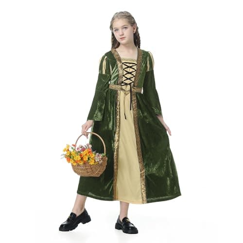 Colorful House Girls Renaissance Dress Medieval Dress Royalty Princess Child Dress Up Fancy Costume for Halloween(6-8Y,Green)