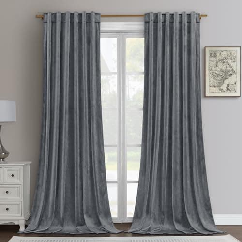 HOMEIDEAS Grey Velvet Blackout Curtains, 52 X 108 Inches Gray Room Darkening Thermal Insulated Pocket Back Tab Window Drapes for Bedroom, 2 Panels