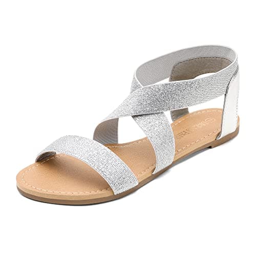 DREAM PAIRS Women's Elastic Ankle Strap Flat Sandals Summer Dressy Shoes Cute Strappy Gladiator Sandals,Size 5,Silver/Pu,ELATICA-6