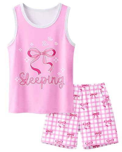 Sylfairy Girls Pajamas for Big kids Pjs Set Tank Tops Pajamas Shorts Set for Teen Girls Summer Casual Sleeveless Sleepwear Clothes Pink Bow and Plaid 11-12 Years Size 11 12