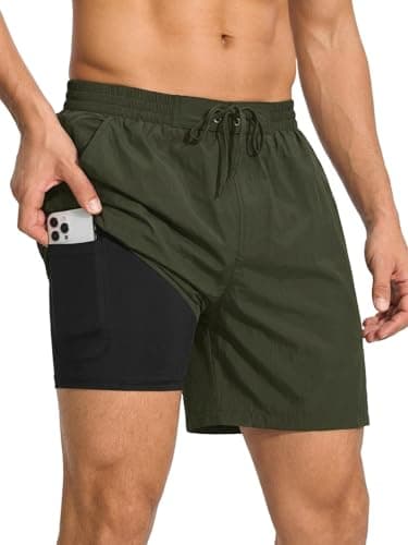 INCERUN Mens Swim Trunks Swim Shorts Quick Dry Beach Shorts with Compression Liner and Zipper Pocket Army Green Large