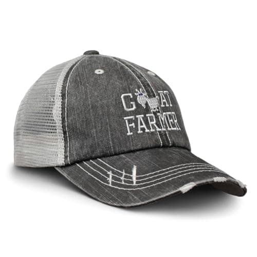 Distressed Trucker Hat Goat Farmer B Embroidery for Men & Women Black Gray