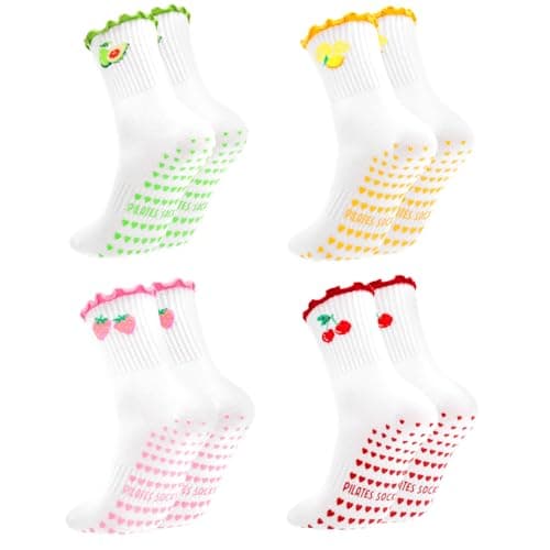 scenicamp 4 Pairs Cute Pilates Socks with Grip for Women Yoga Socks Fruit Pattern Ruffle for Workout Athletic Hospital Ballet