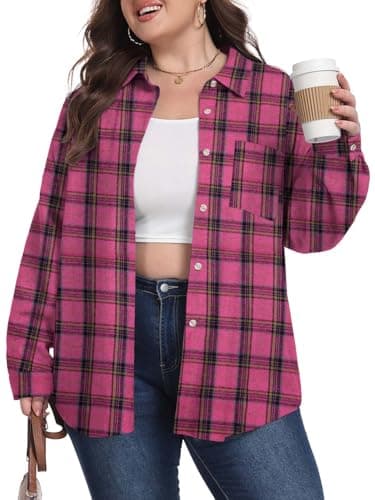 OLRIK Women's Plus Size Flannel Plaid Button Down Shirt Hot Pink Plaid-1X