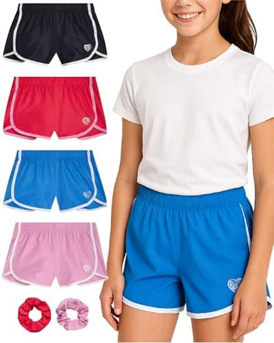 Body Glove Girls Athletic Shorts - 4 Pack Active Performance Fleece Running Short - Girls Gym Workout Dolphin Shorts, Size 7, Black/Blue/Red/Pink Solid