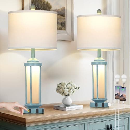 Lolikit 27" Tall Farmhouse Table Lamps for Living Room, Rustic Vintage Table Lamp with USB A+C Charging Ports & AC Outlet, Modern Retro Industrial Nightstand Bedside Lamp for Bedroom Side Table Decor
