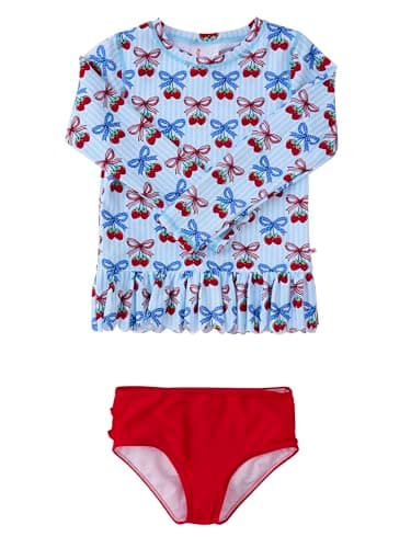 RuffleButts Baby/Toddler Girls Scalloped Long Sleeve Rash Guard 2-Piece UPF50+ Sun Protected Swimsuit - Berries & Bows, 3T