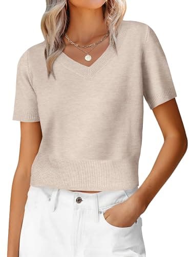 ANRABESS Womens Short Sleeve Sweaters Cropped V Neck Business Casual Lightweight Sweater Tops Summer Spring Clothes 2026 Almond X-Small