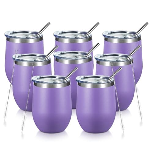 COMOOO Stainless Steel Wine Tumbler Bulk with Lid and Straw 12oz Double Wall Vacuum Insulated Travel Tumbler Cup Stemless for Hot and Cold Drinks, Coffee, Wine, Cocktails (Light Purple, 8 Pack)