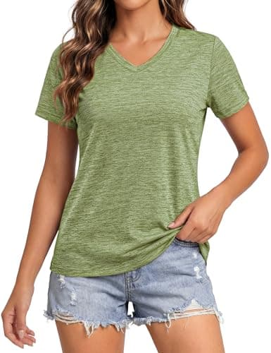 MAGCOMSEN Workout Shirts for Women Running Dry Tops Women Uv Protection V Neck T Shirts, Wheat Green S