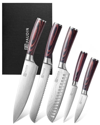 PAUDIN Knife Set, 5PCS Kitchen Knife Set without Block, Stainless Steel Chef Knife Set with Pakkawood Handle, Professional Kitchen Gift Sets for Cooking Lovers